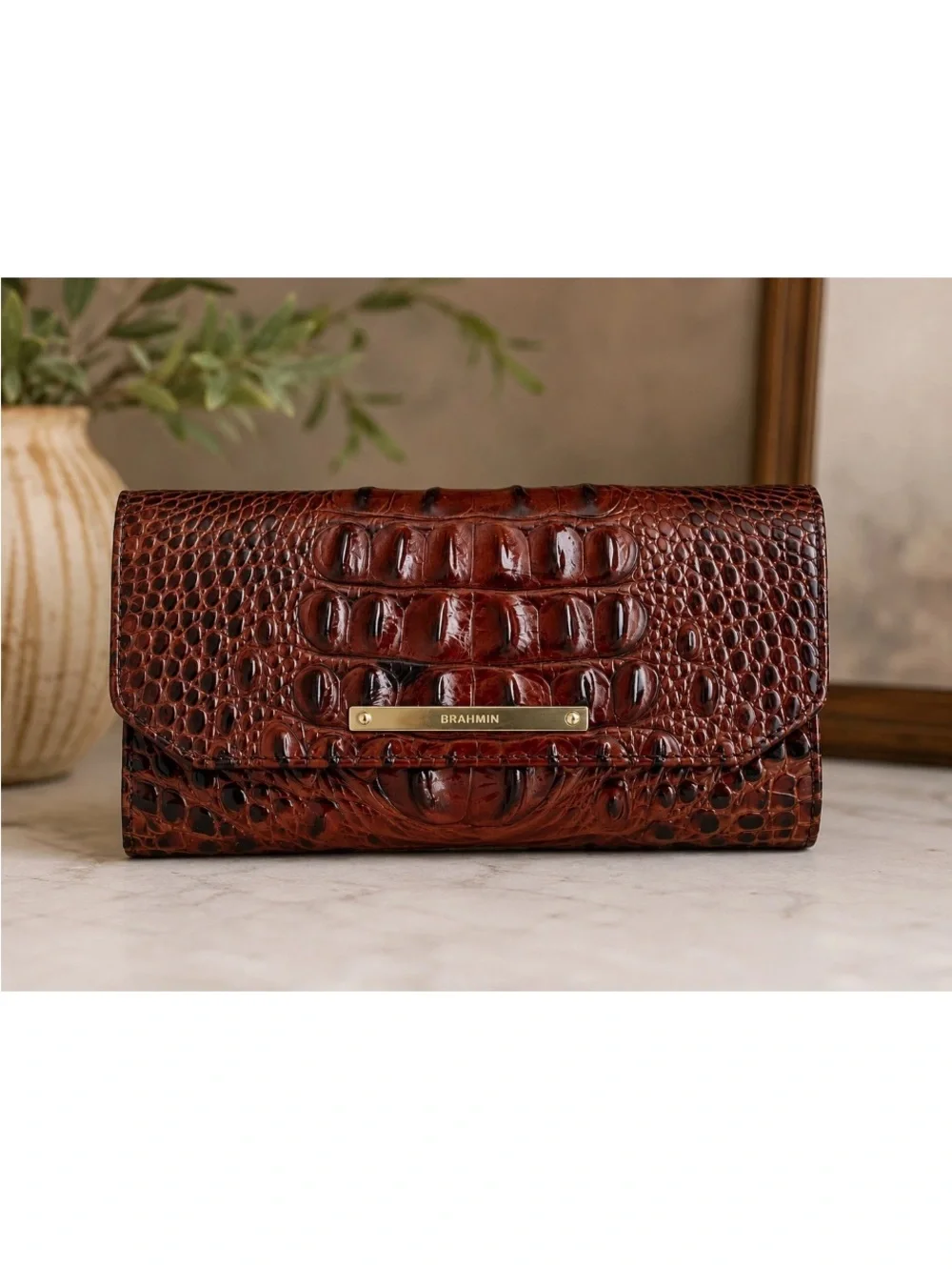 Brahmin Cognac Croc Embossed Leather Checkbook Wallet NWOT